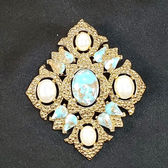 Sarah Coventry Jewelry - Vintage Sarah Coventry Brooch Pendant Gold With Faux Pearl & Turquoise Stones